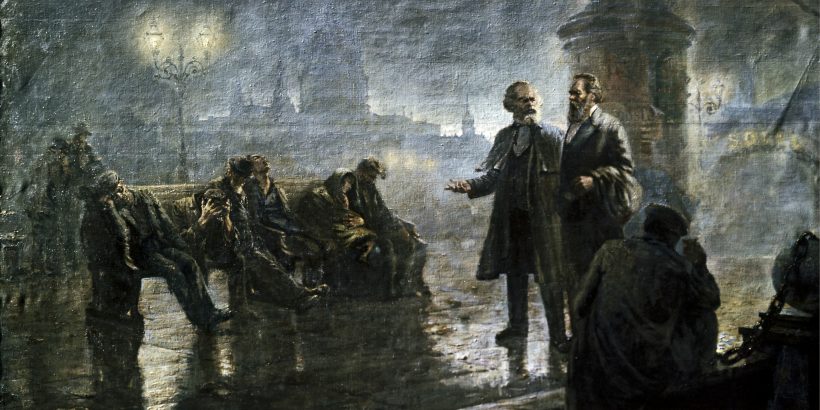 Reproduction of "Before the Sunrise" (Karl Marx and Friedrich Engels walking in night London) painting by artist Mikhail Dzhanashvili. The Karl Marx and Friedrich Engels Museum.